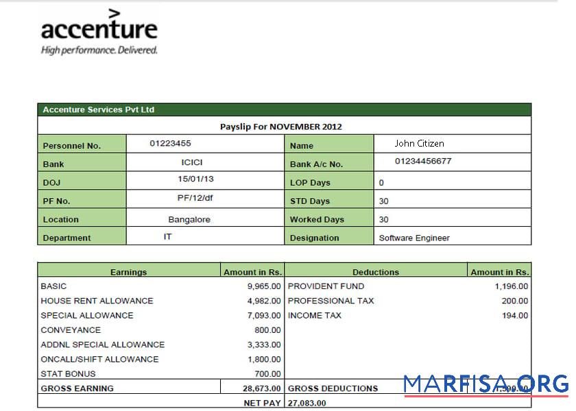 Printable Ireland Accenture IT company earning statement download for verification